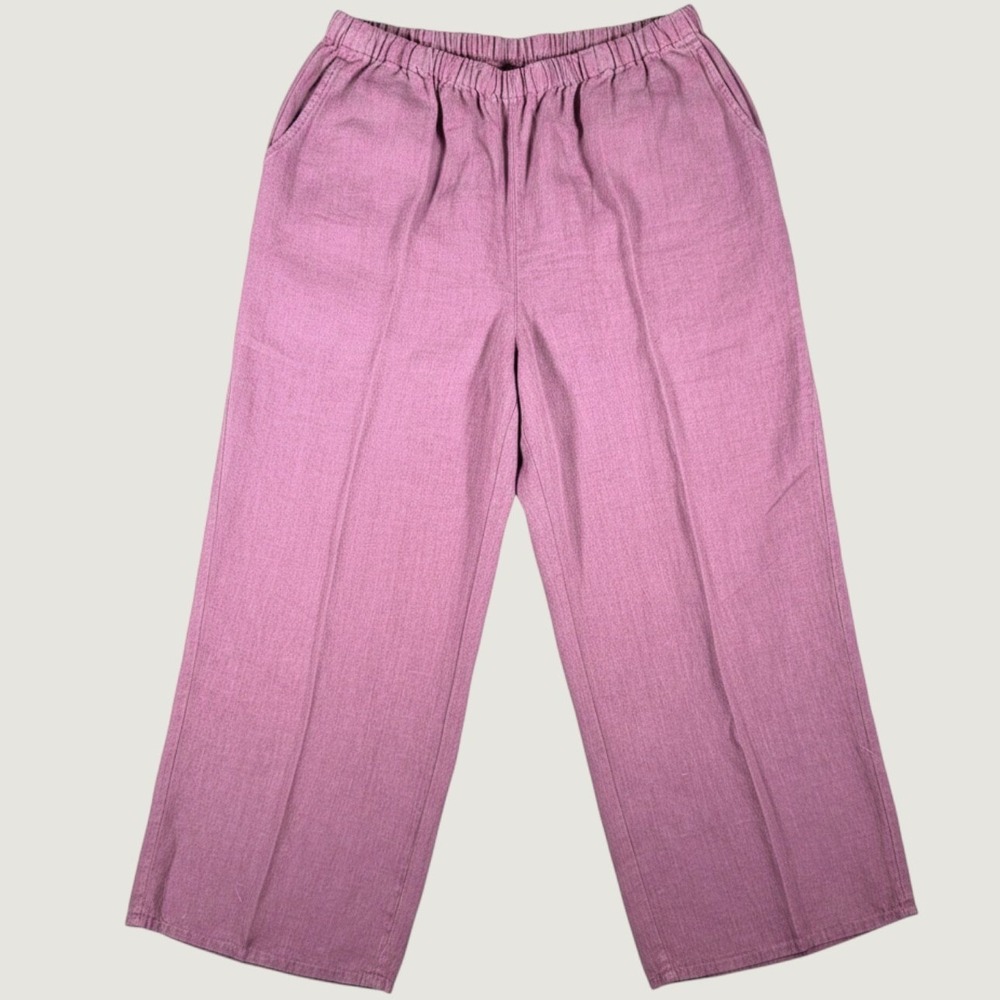 Flax 100% Linen Wide Leg Pants Purple Elastic Waist Large Casual Summer Trousers